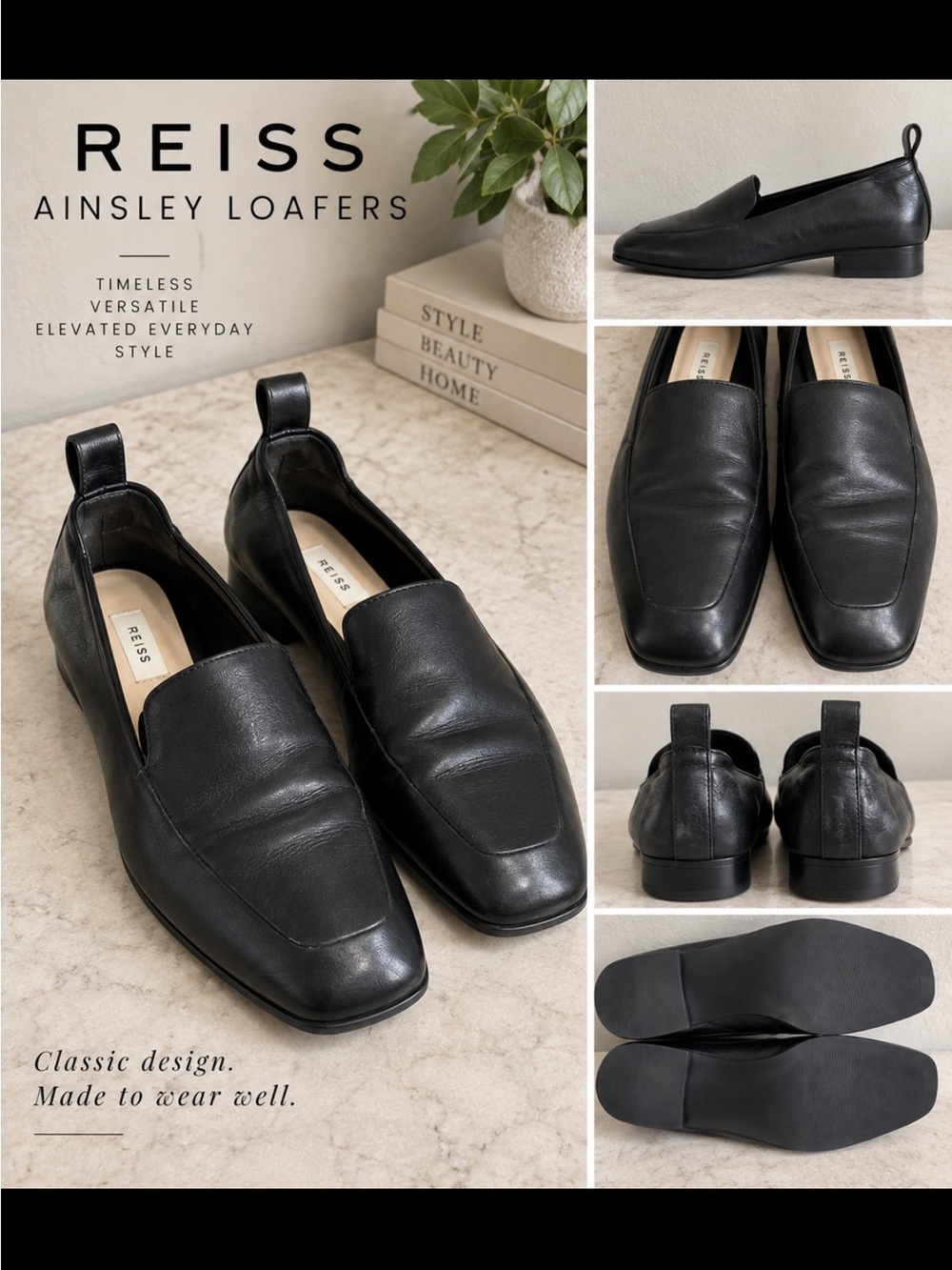 Reiss Ainsley Black Leather Square Toe Slip On Loafers - Size 42